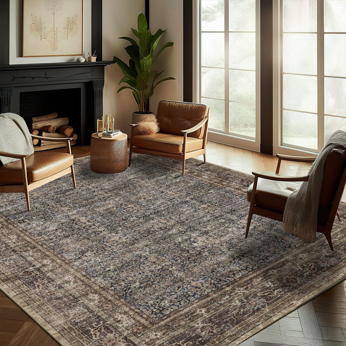 Champlant washable area rug 9x12 full view showcases vintage boho design for living spaces.