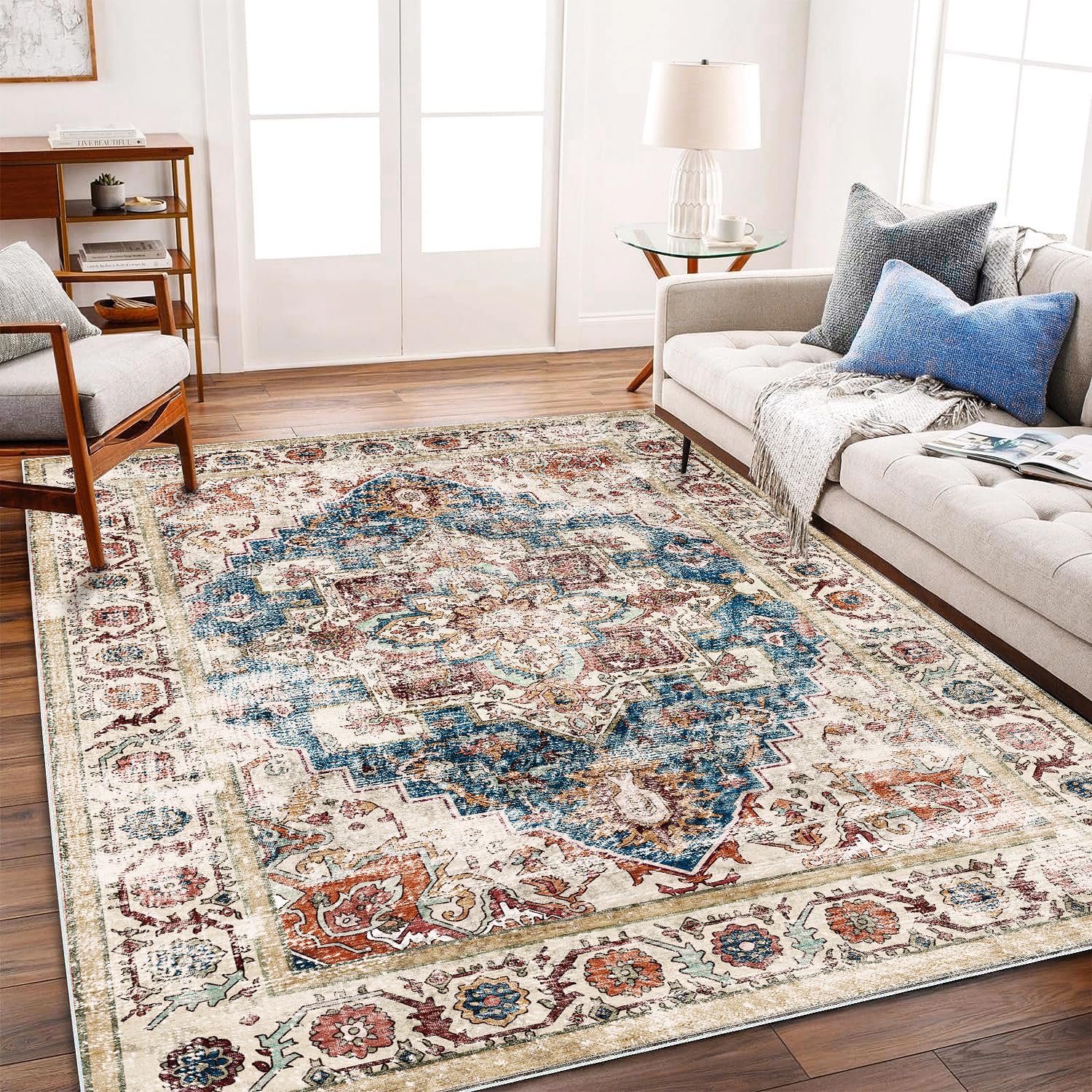 CHAMPLANT washable vintage rug front view shows soft texture for comfortable feet