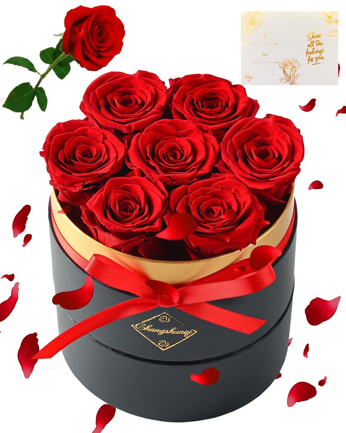Changshunqi Forever Flowers box with seven preserved roses, top view, a long-lasting keepsake.