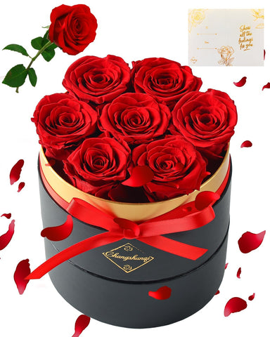 Changshunqi Forever Flowers box with seven preserved roses, top view, a long-lasting keepsake.