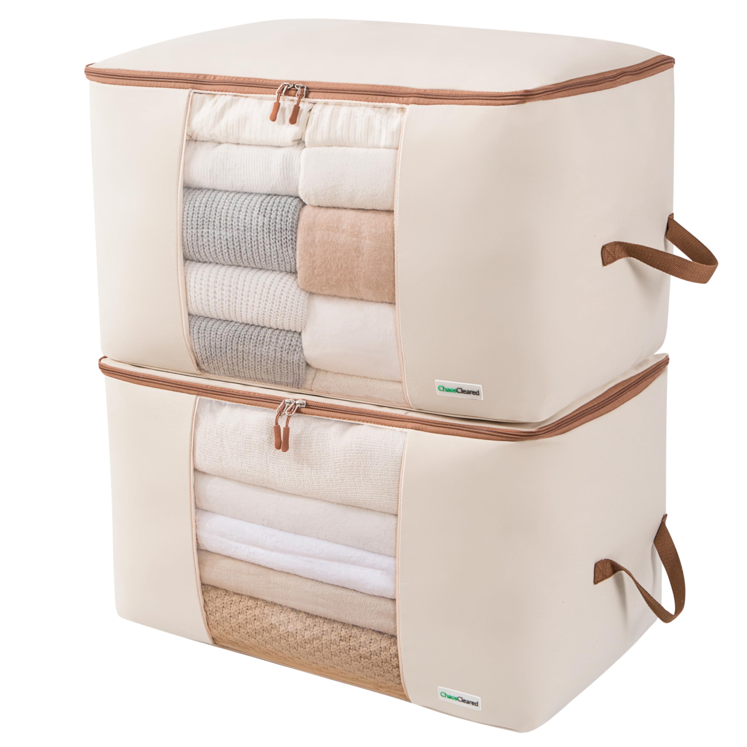 Chaos Cleared canvas storage bags under-bed setup for compact seasonal storage.