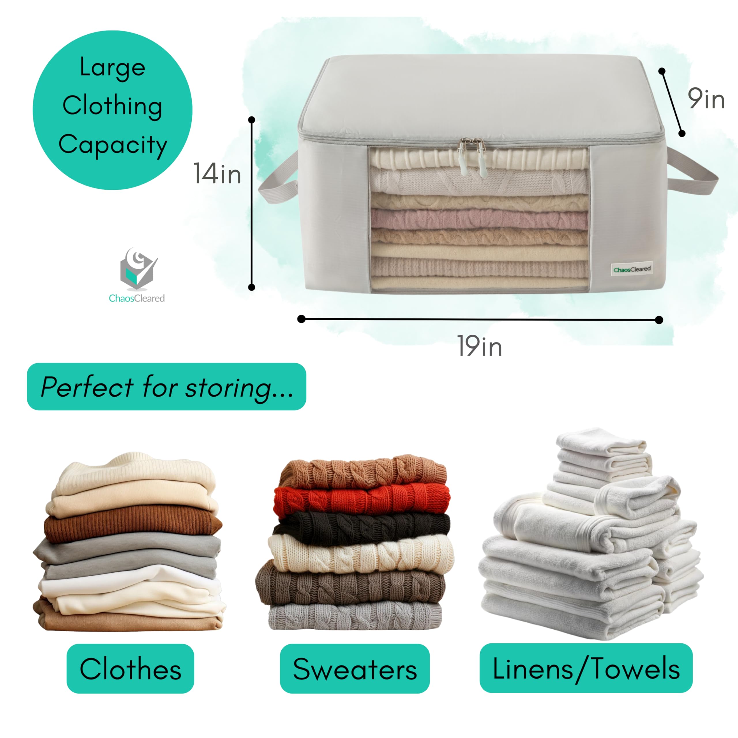 Chaos Cleared folding storage bags closeup shows durable zipper and sturdy handle.