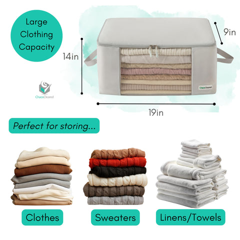 Chaos Cleared folding storage bags closeup shows durable zipper and sturdy handle.