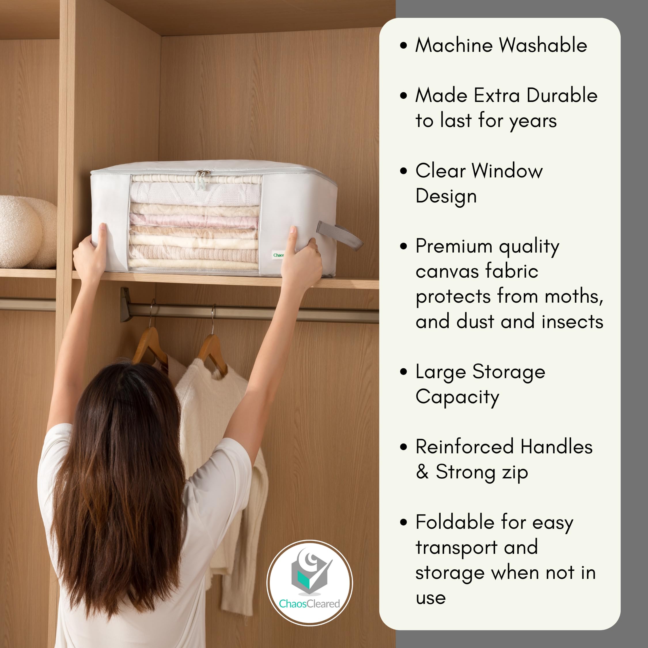 Chaos Cleared large-capacity storage bags hold sweaters or linens neatly.