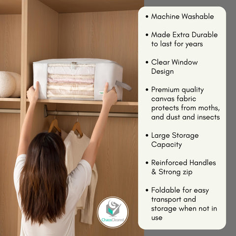 Chaos Cleared large-capacity storage bags hold sweaters or linens neatly.