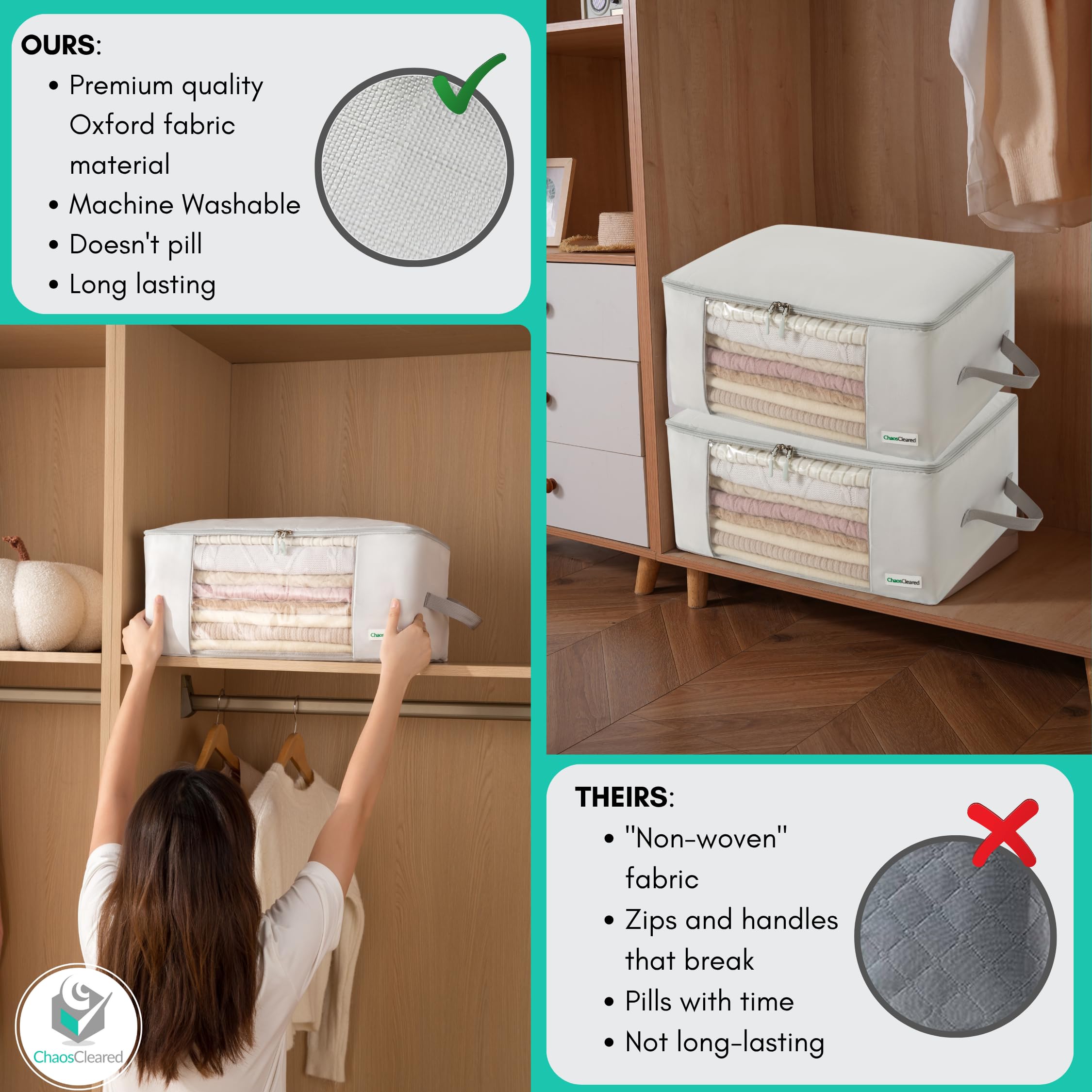 Chaos Cleared mold-dust insect-proof bags protect seasonal clothing in attic storage.