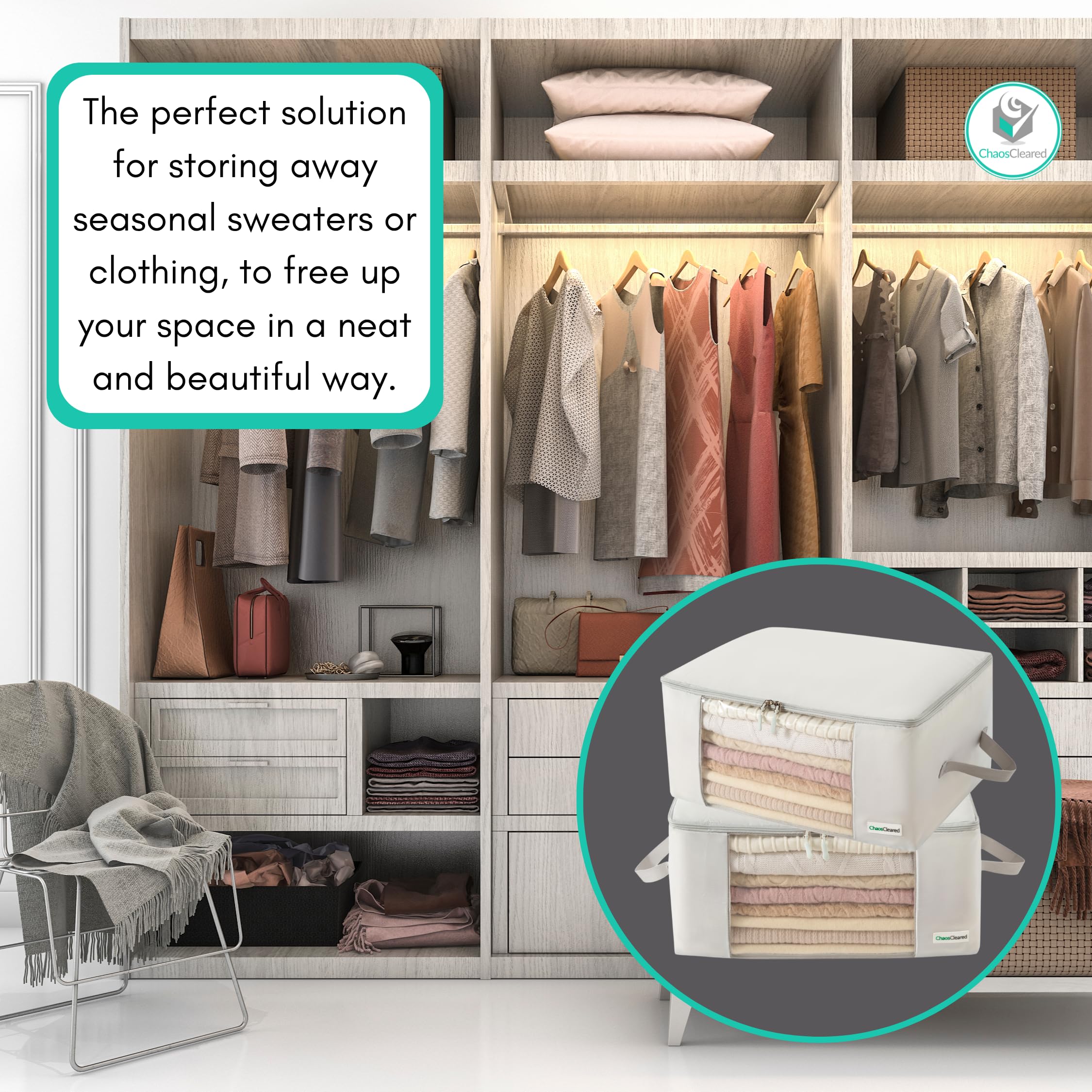 Chaos Cleared neutral-gray bags blend with any interior while keeping items organized.