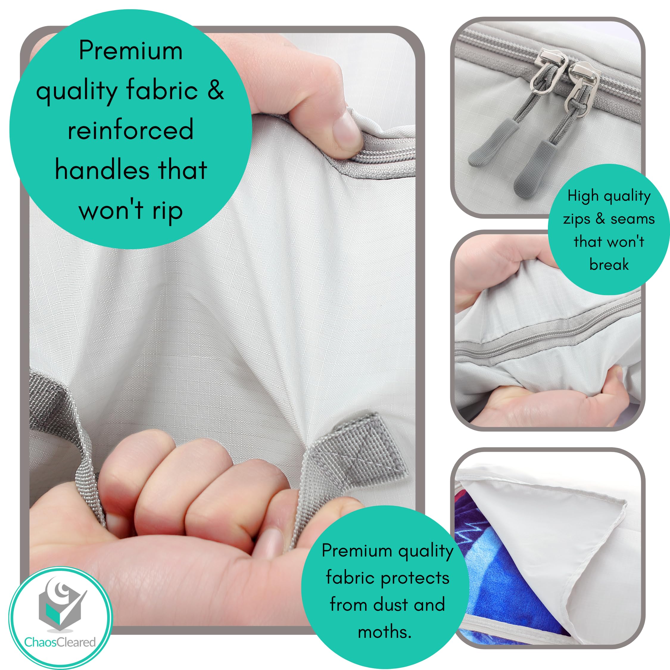 Chaos Cleared oxford fabric storage bags are breathable and machine washable.