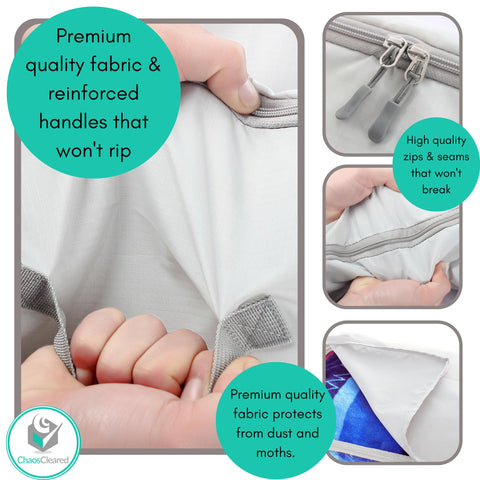 Chaos Cleared oxford fabric storage bags are breathable and machine washable.