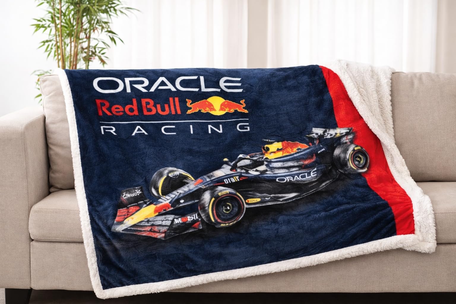 Character World F1 Oracle Red Bull Racing blanket on couch for relaxed lounging
