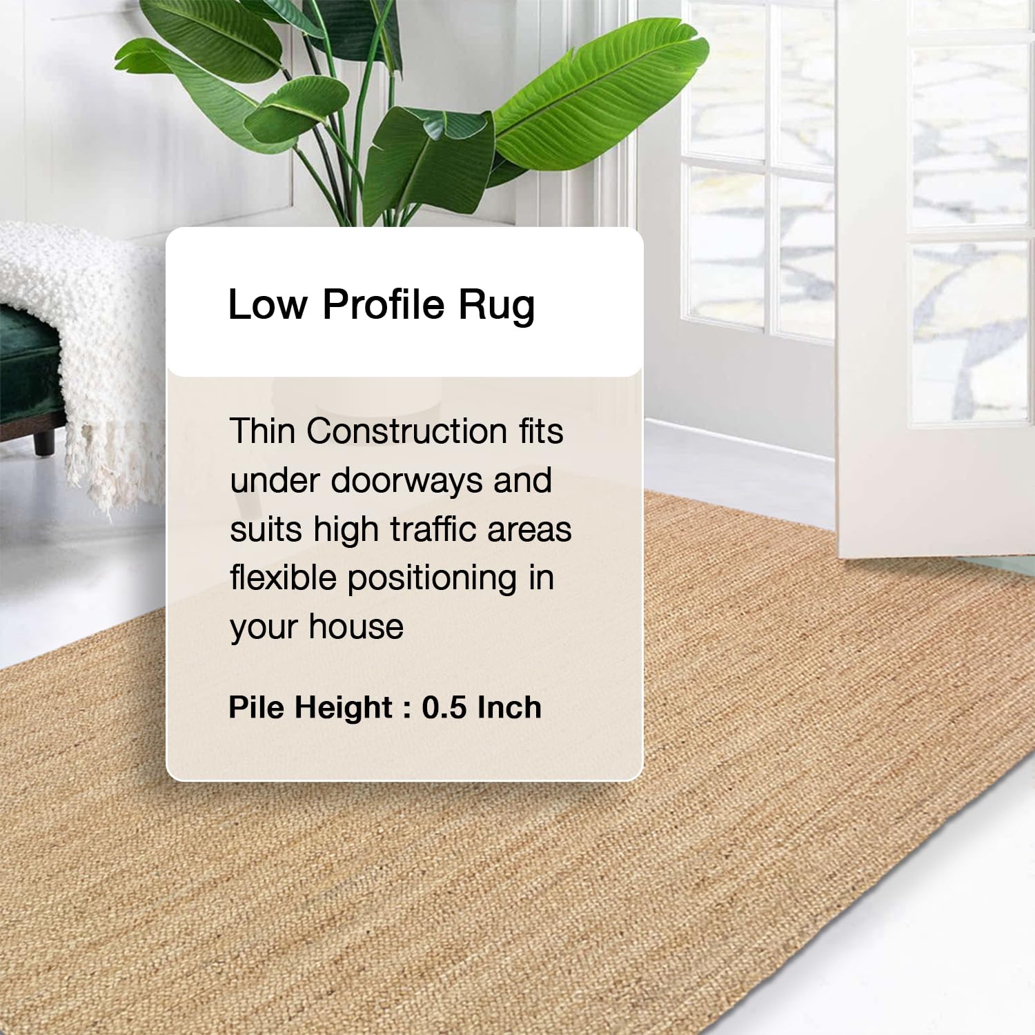 Chardin home reversible jute rug laid flat on wood floor.