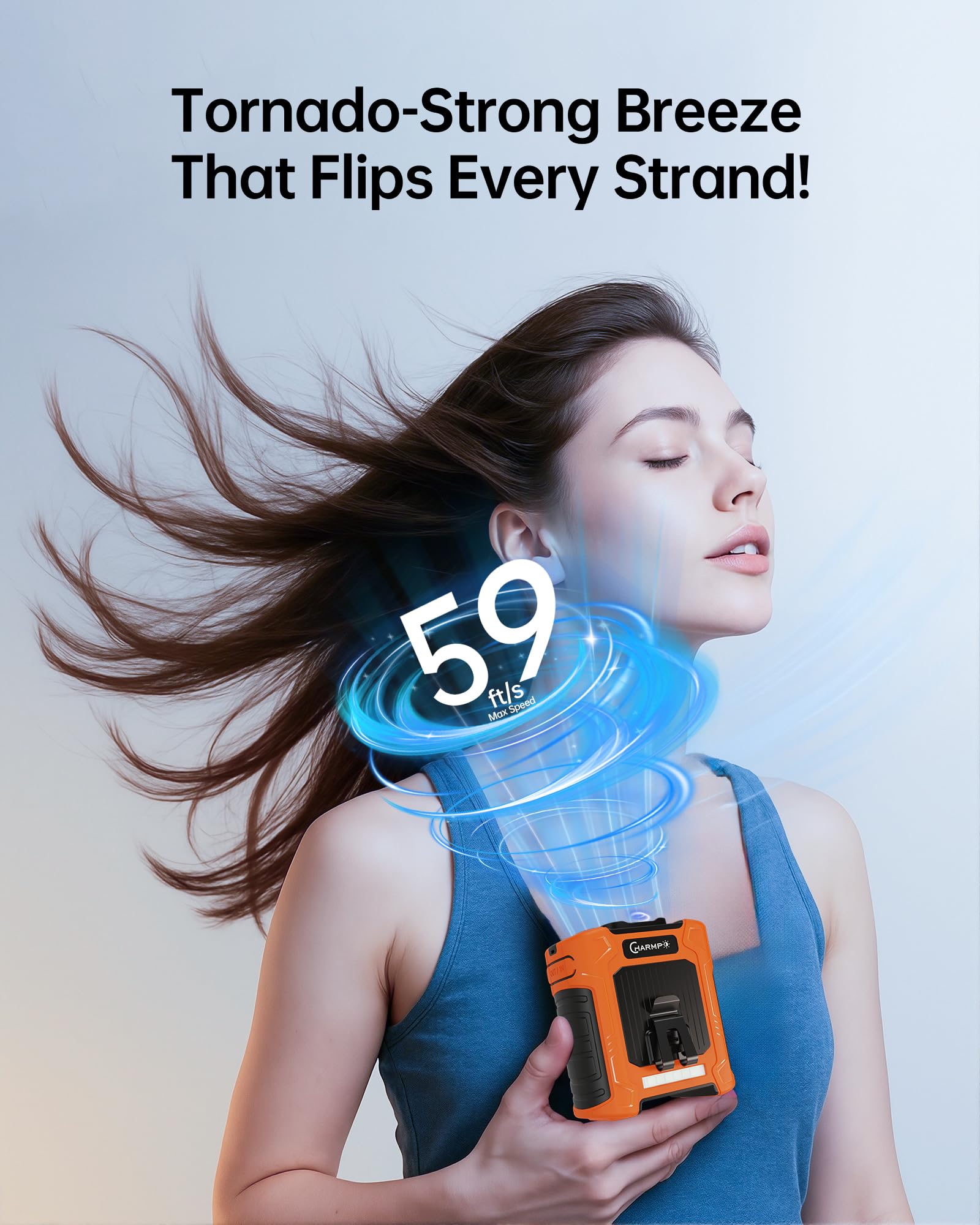 CHARMP waist fan 10000mAh battery powering long outdoor use