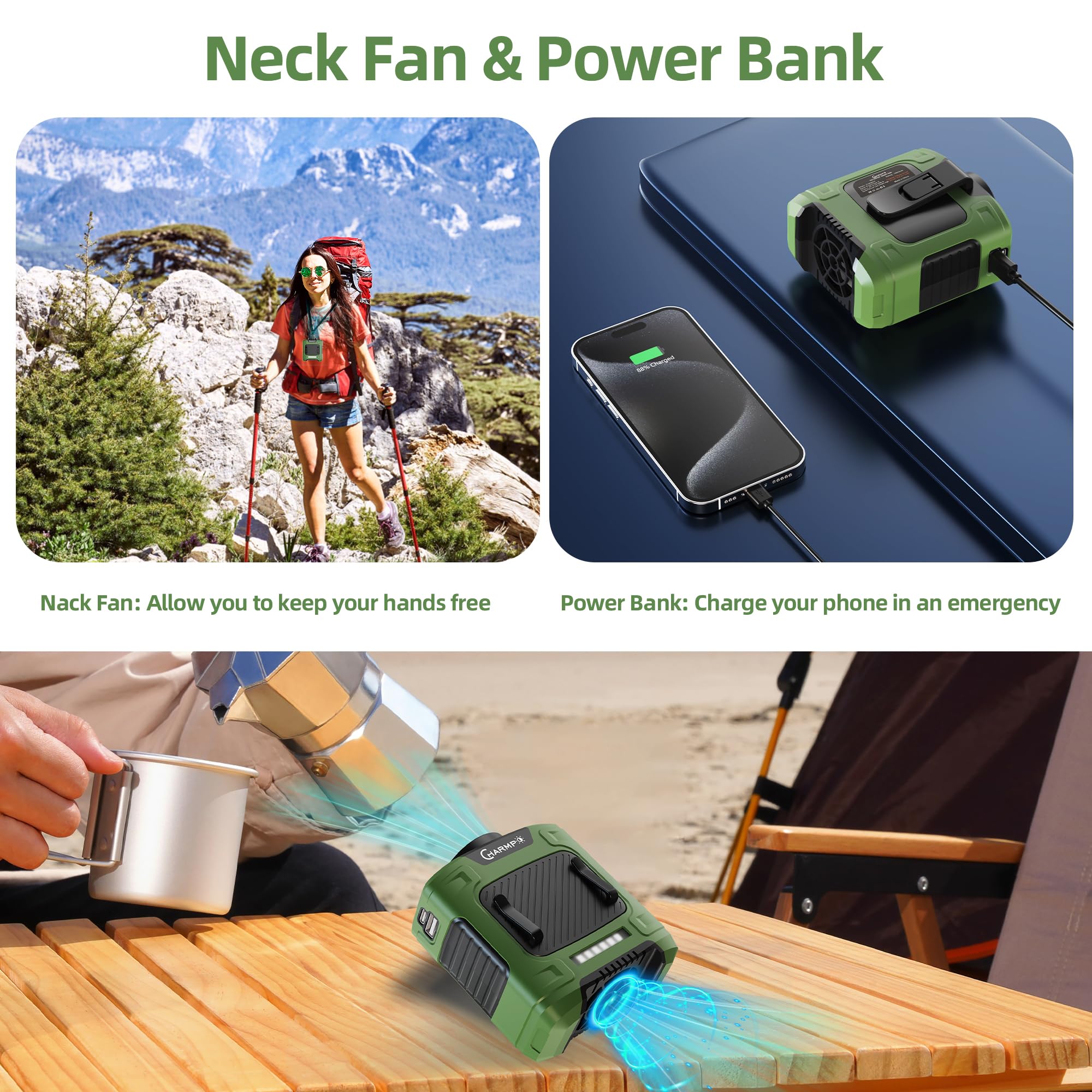 CHARMP waist fan with 3 speed control for tailored cooling anywhere.