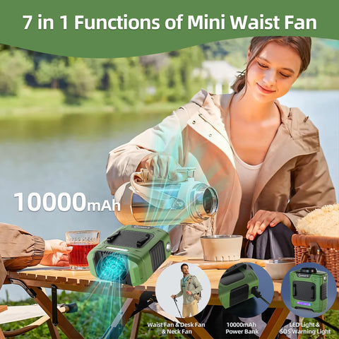 CHARMP waist fan clip desk stand design secures on belt neck or workspace.