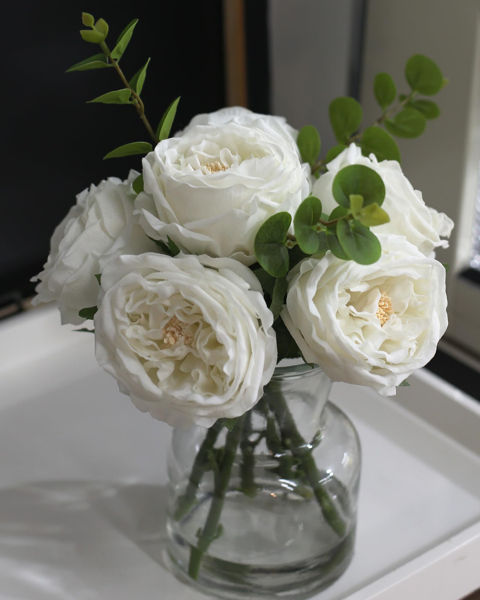 CHASMILE artificial flowers with white roses in a glass vase for elegant home decor.