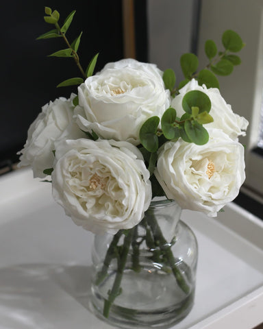 CHASMILE artificial flowers with white roses in a glass vase for elegant home decor.