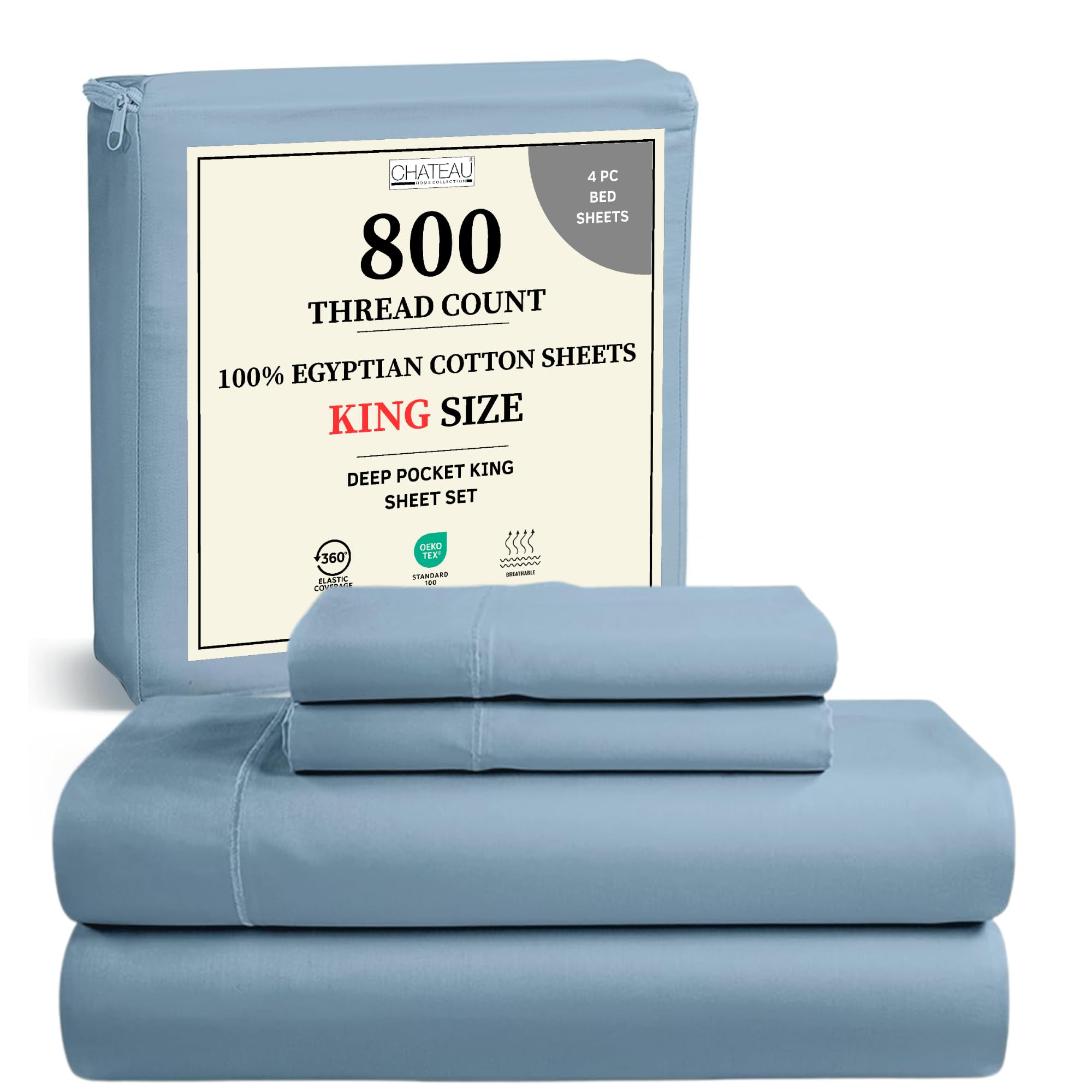 CHATEAU HOME COLLECTION king flat sheet in French blue, ultra-soft Egyptian cotton.