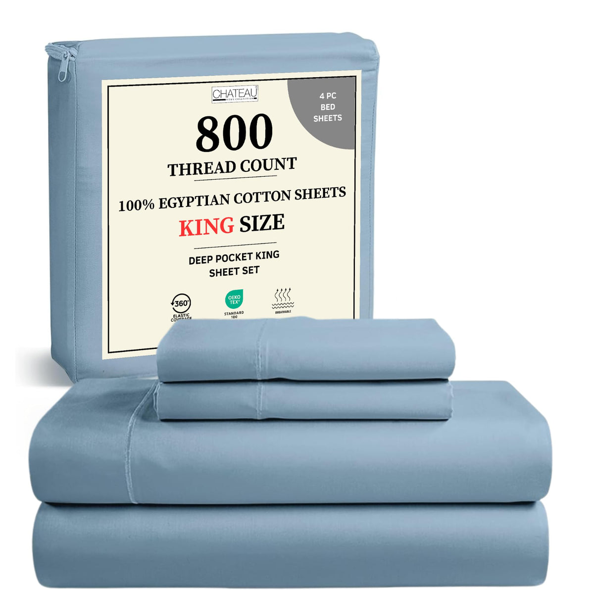 CHATEAU HOME COLLECTION king flat sheet in French blue, ultra-soft Egyptian cotton.