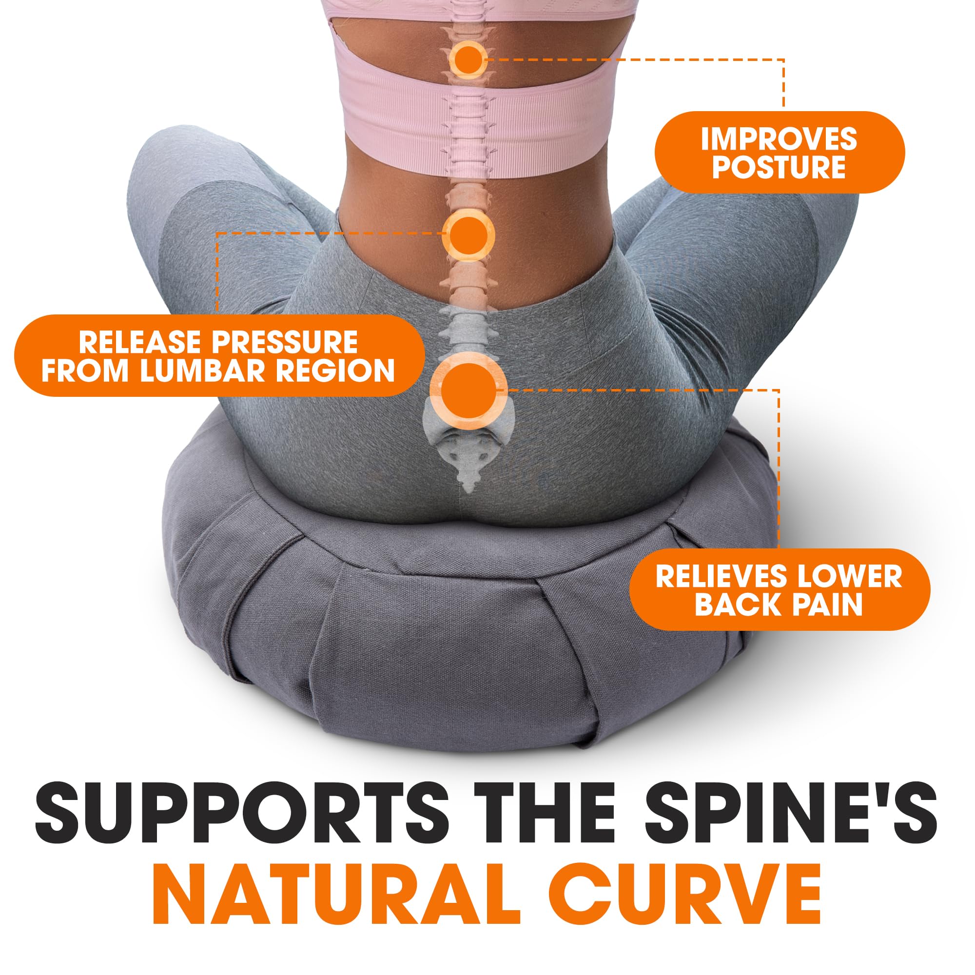 Buckwheat-filled cushion molds to body contours for customized comfort.