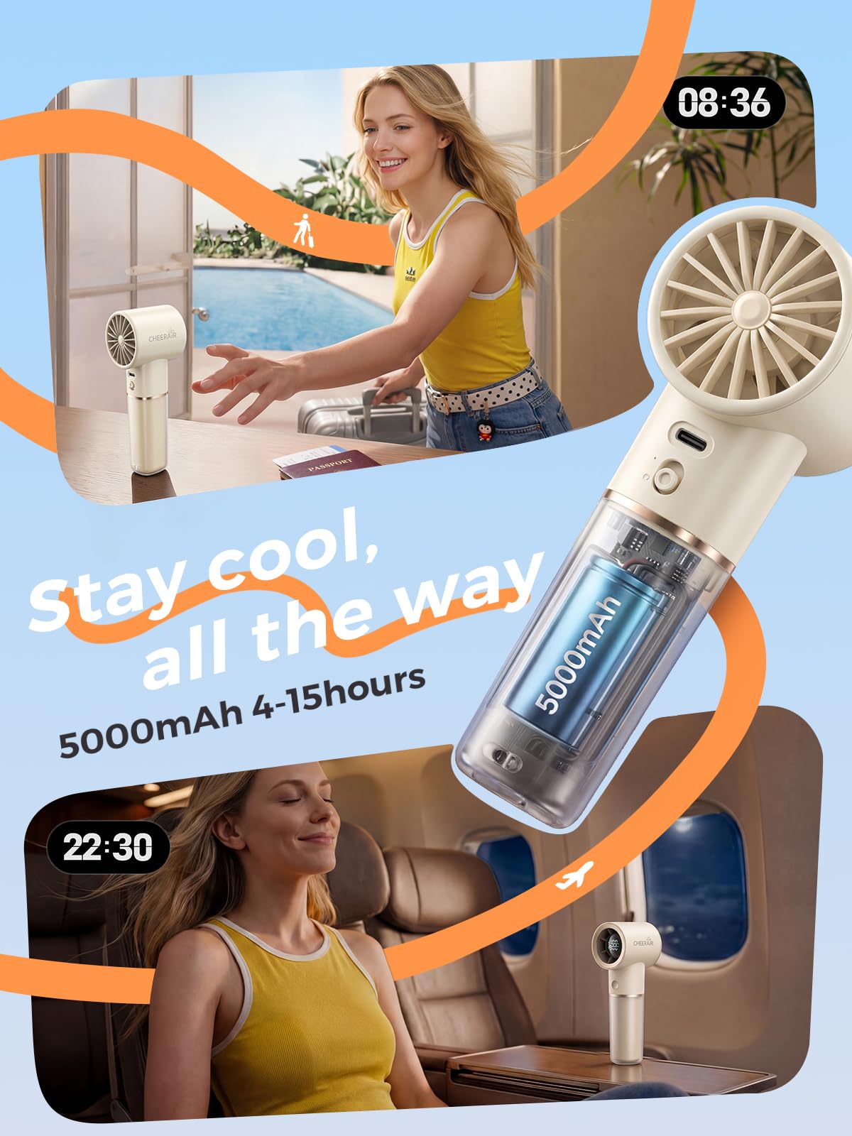 Cheerair fan with smart LED display showing battery and speed