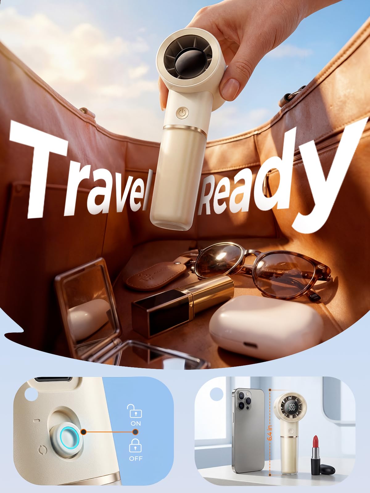 Cheerair fan tucked in a bag for convenient travel cooling