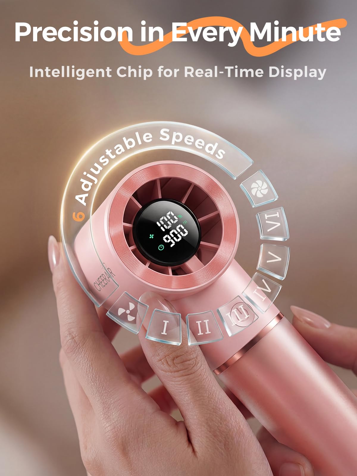 CHEERAIR Handheld Fan smart LED display shows remaining runtime.