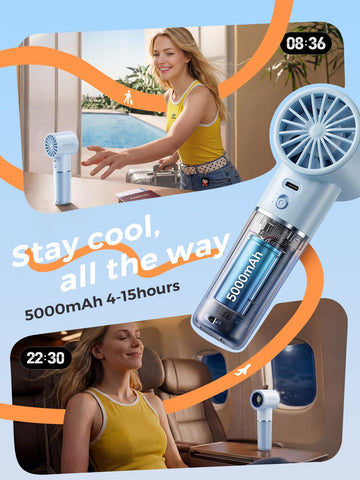 Cheerair handheld fan with real-time LED display showing runtime and speed