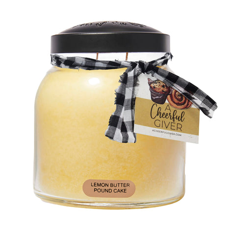 A Cheerful Giver lemon butter pound cake candle jar closeup for cozy aroma