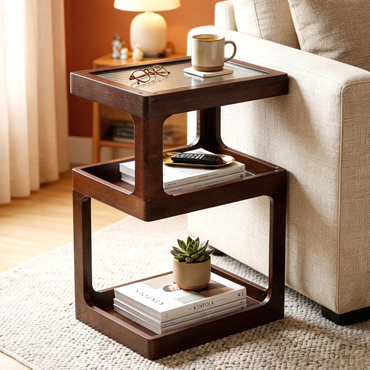 CheerNest solid wood side table with fluted acrylic top adding warm ambience to living room