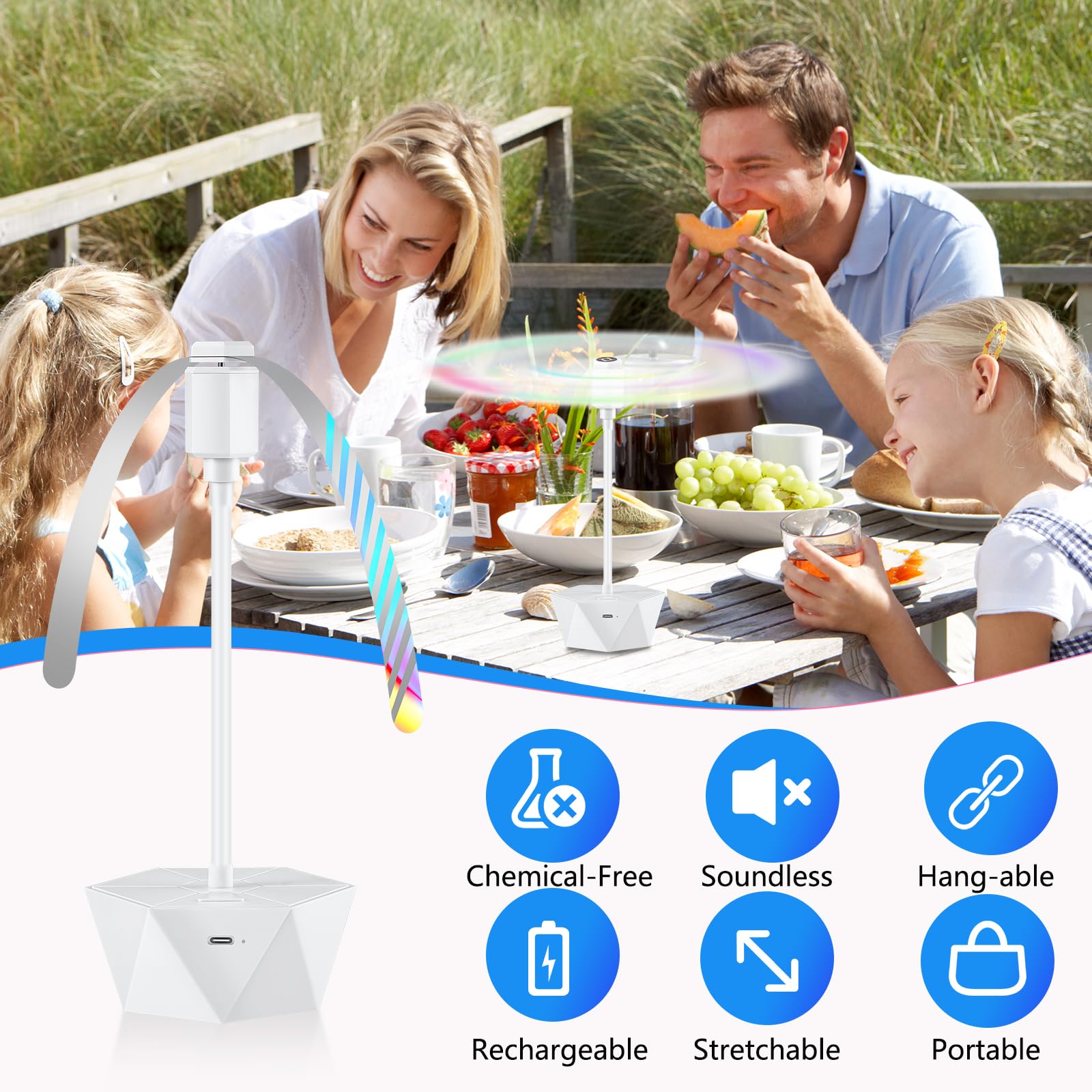 Chemotex rechargeable USB-C fly fan for long outdoor use.