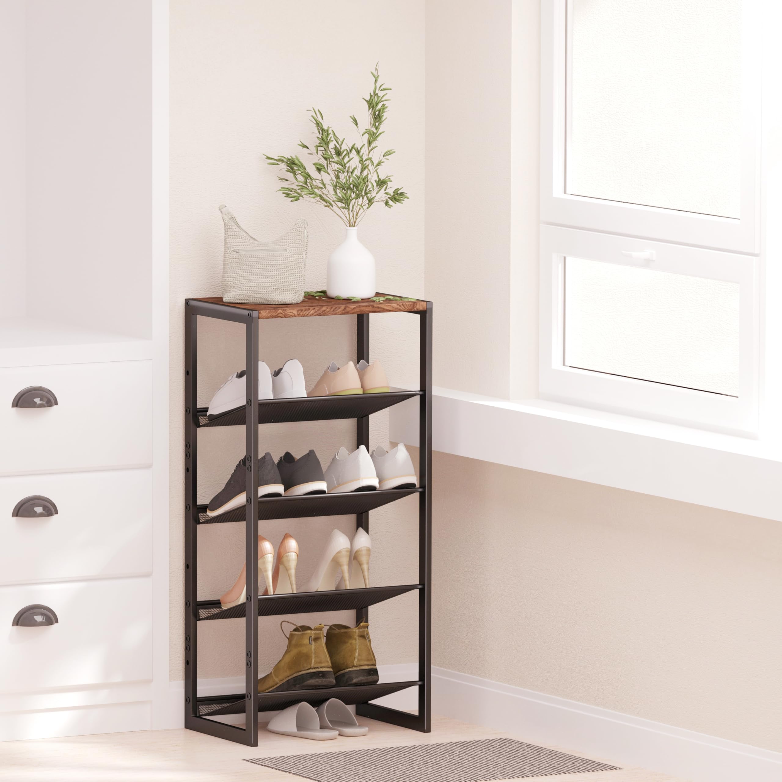 CHEMPFR Narrow 5-Tier Shoe Rack in entryway demonstrates space-saving utility.