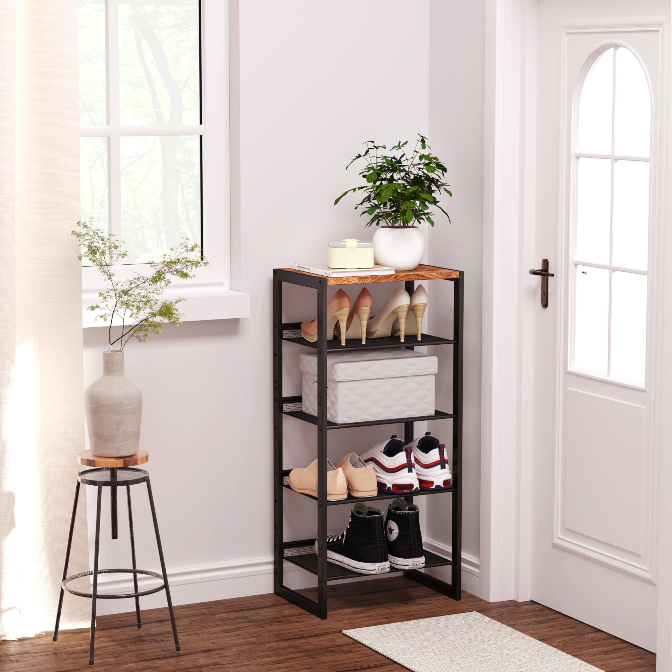 The CHEMPFR-narrow-5-tier-shoe-rack-packaged-assembly features clear instructions and easy setup.