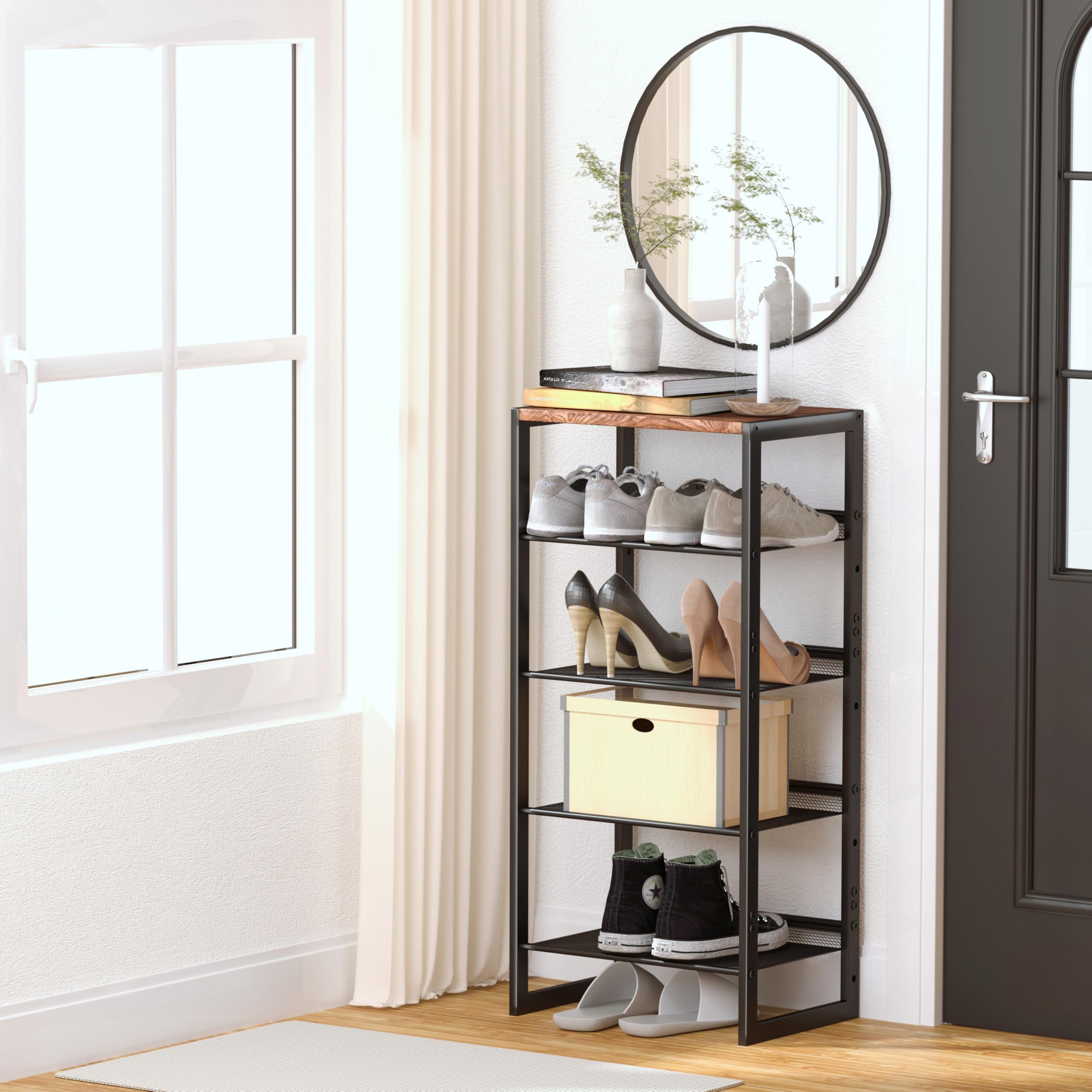 The CHEMPFR-narrow-5-tier-shoe-rack-steel-mesh front view highlights breathable organization.