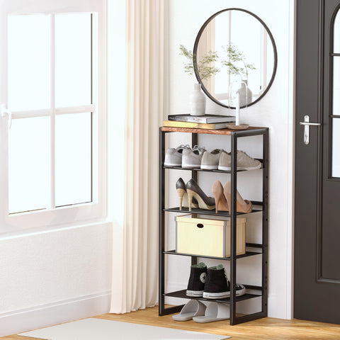 The CHEMPFR-narrow-5-tier-shoe-rack-steel-mesh front view highlights breathable organization.