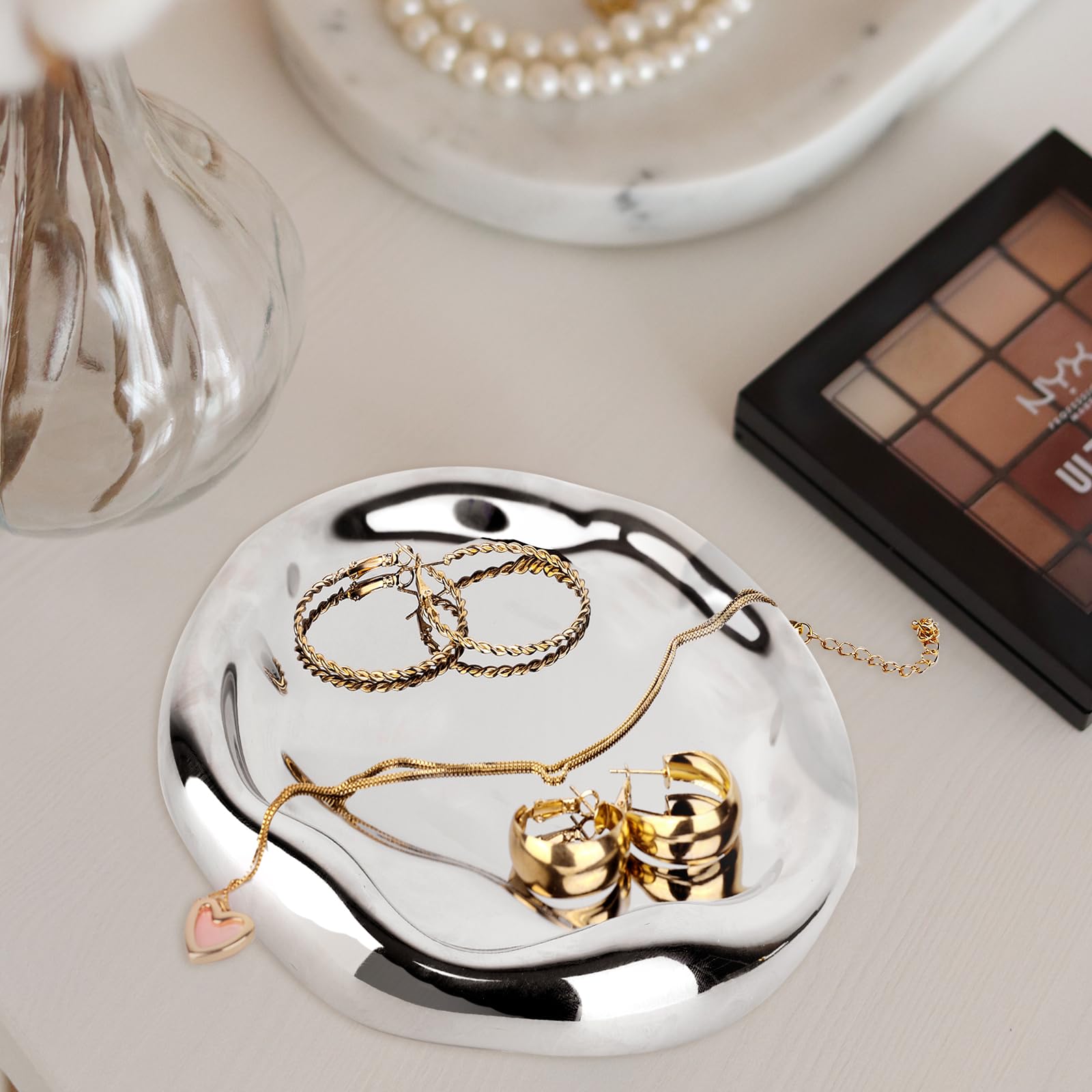 CHENDECOR bathroom organizer tray blends into decor with a soft silver sheen.