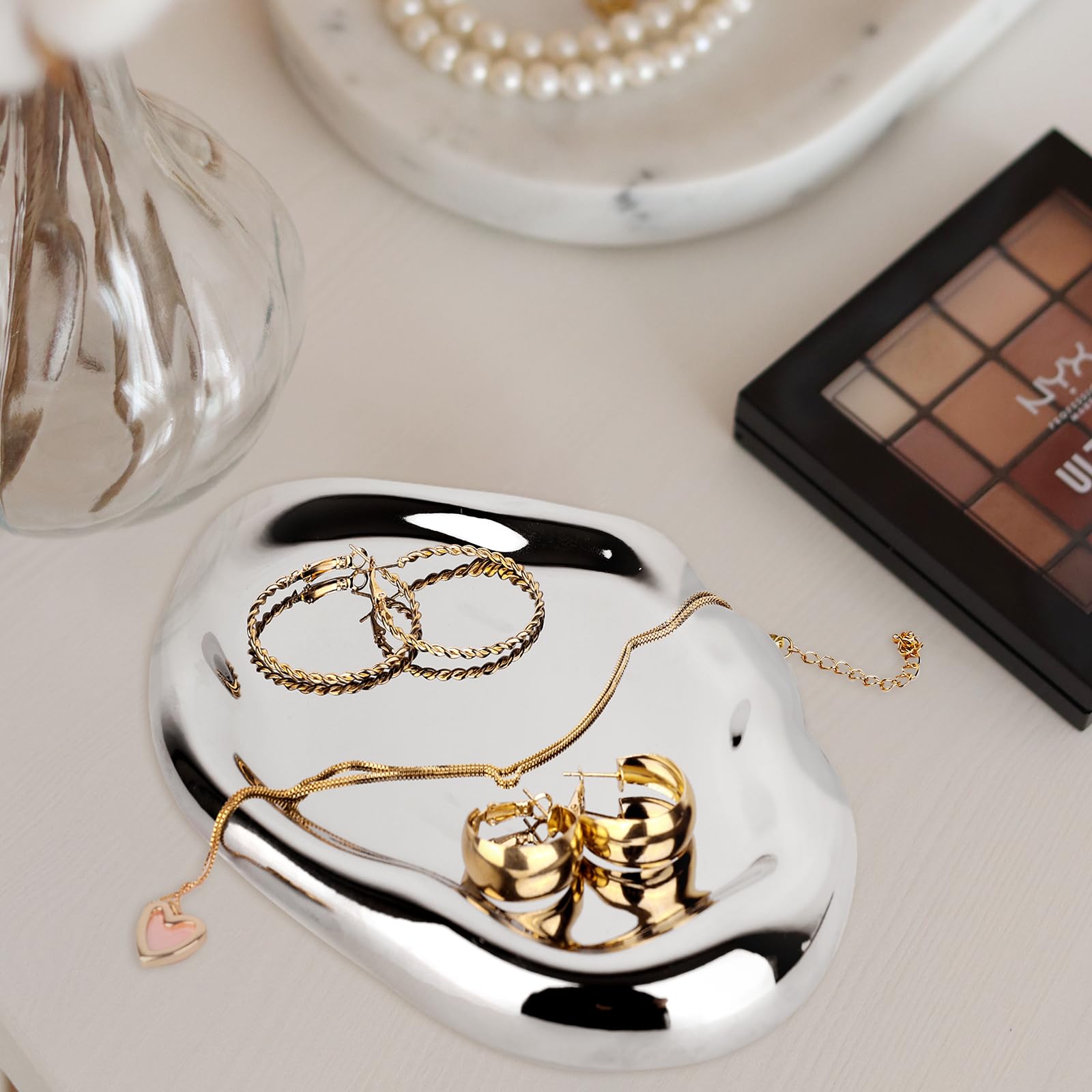 Chendecor silver tray bathroom setup ready for toiletries and a tidy counter.