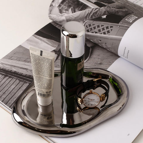 Chendecor silver tray full view shows an elegant vanity organizer for small items.
