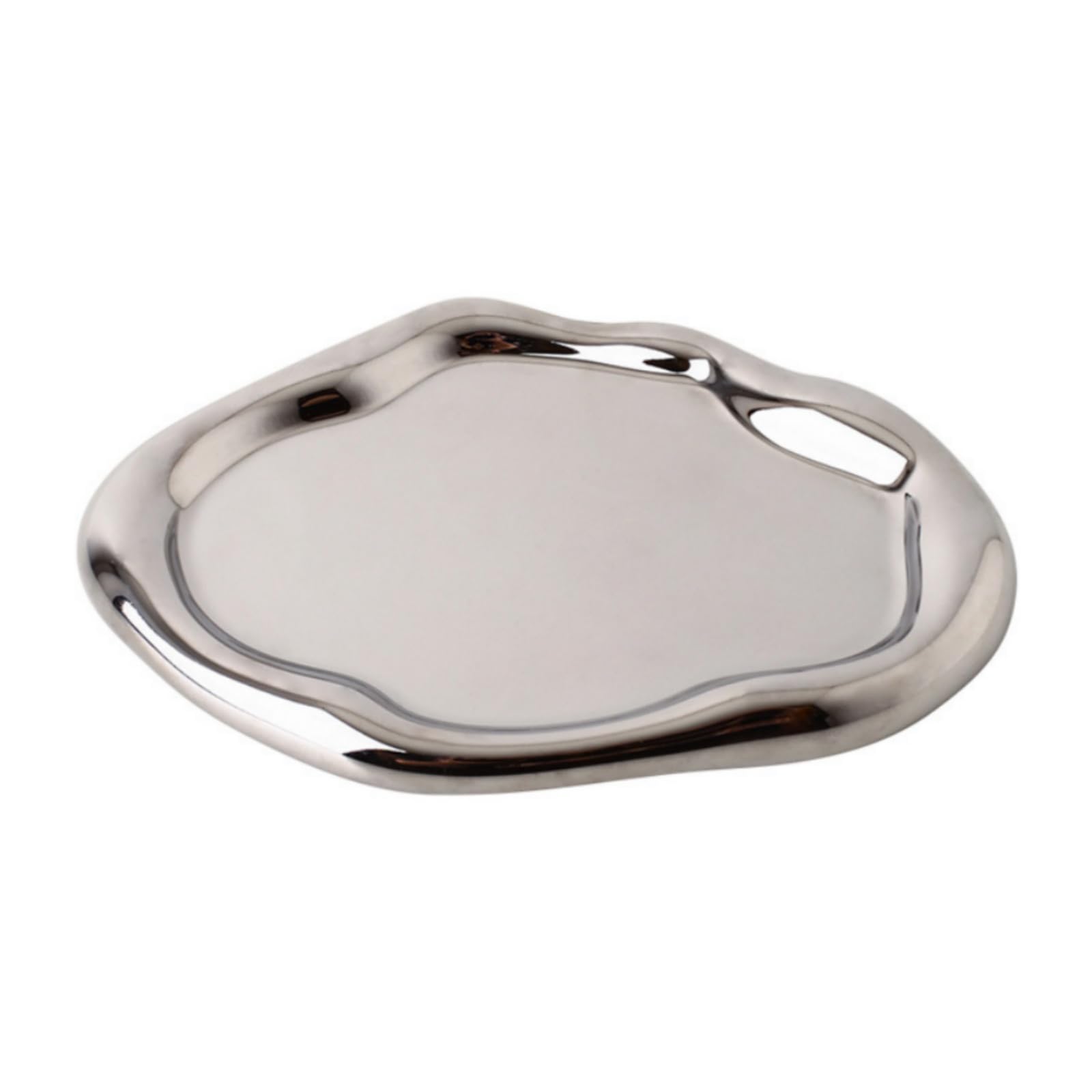 Chendecor silver tray jewelry dish close-up highlights grooves that keep items secure.