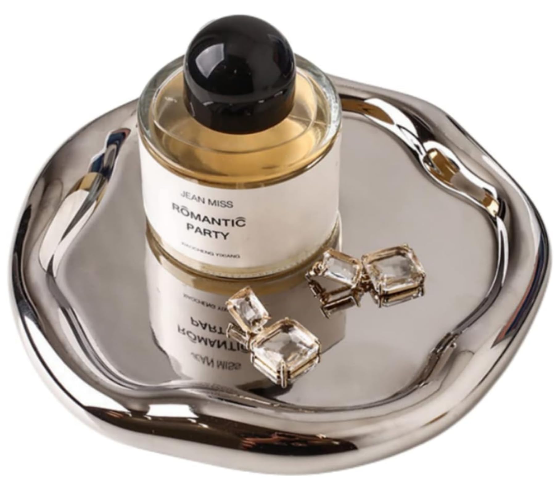 CHENDECOR silver round vanity tray with grooved edges for secure jewelry storage.