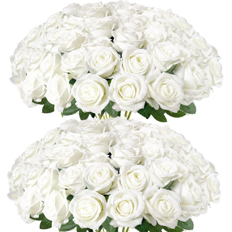 Cherica 50pcs white roses bundle with stems for versatile DIY decor.