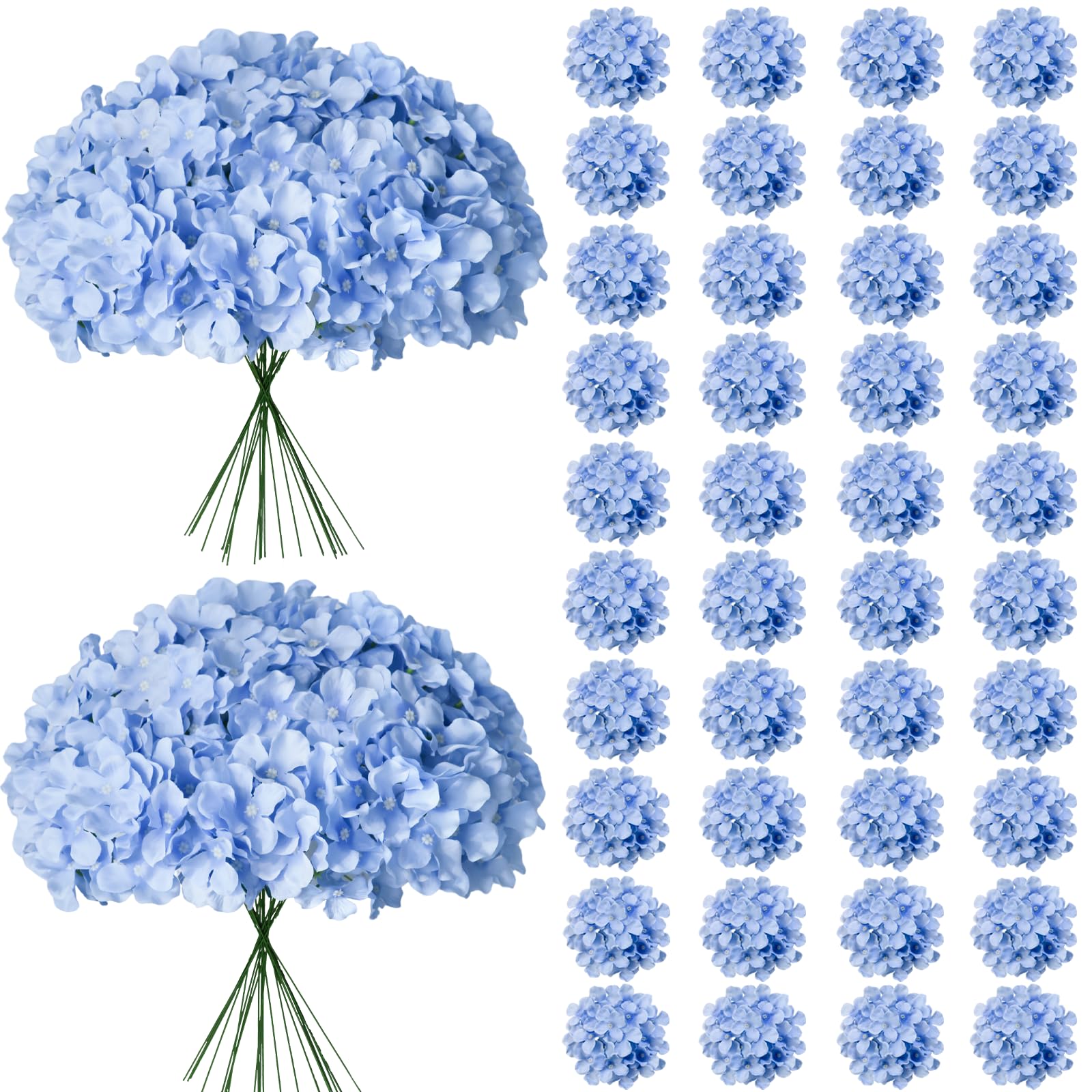 Cherica 65Pcs blue hydrangea artificial flowers bulk with sturdy stems for reusable decor