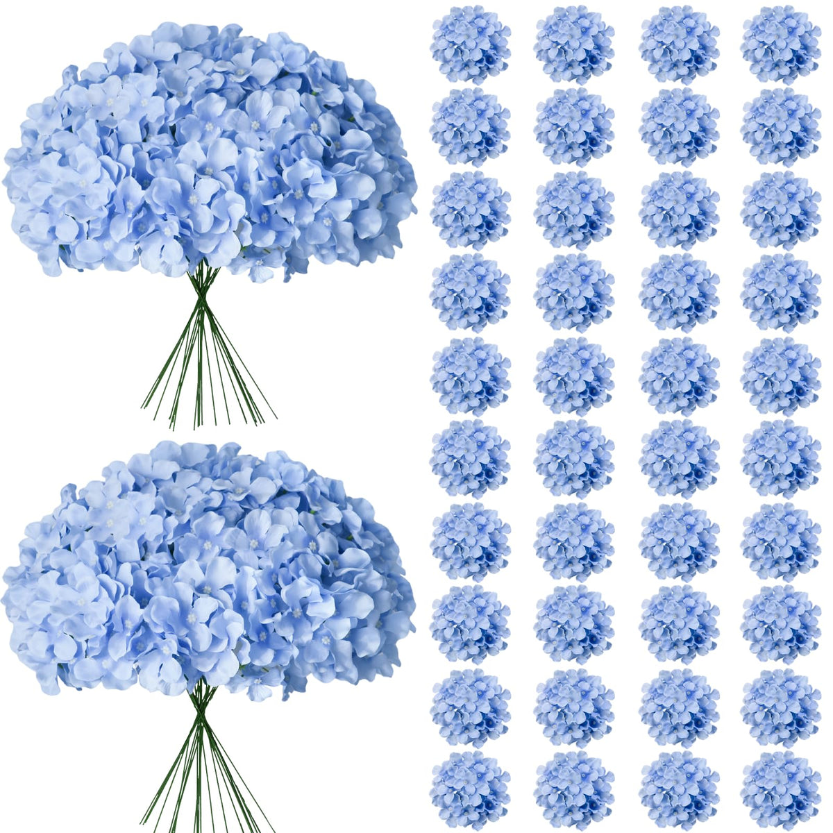 Cherica 65Pcs blue hydrangea artificial flowers bulk with sturdy stems for reusable decor