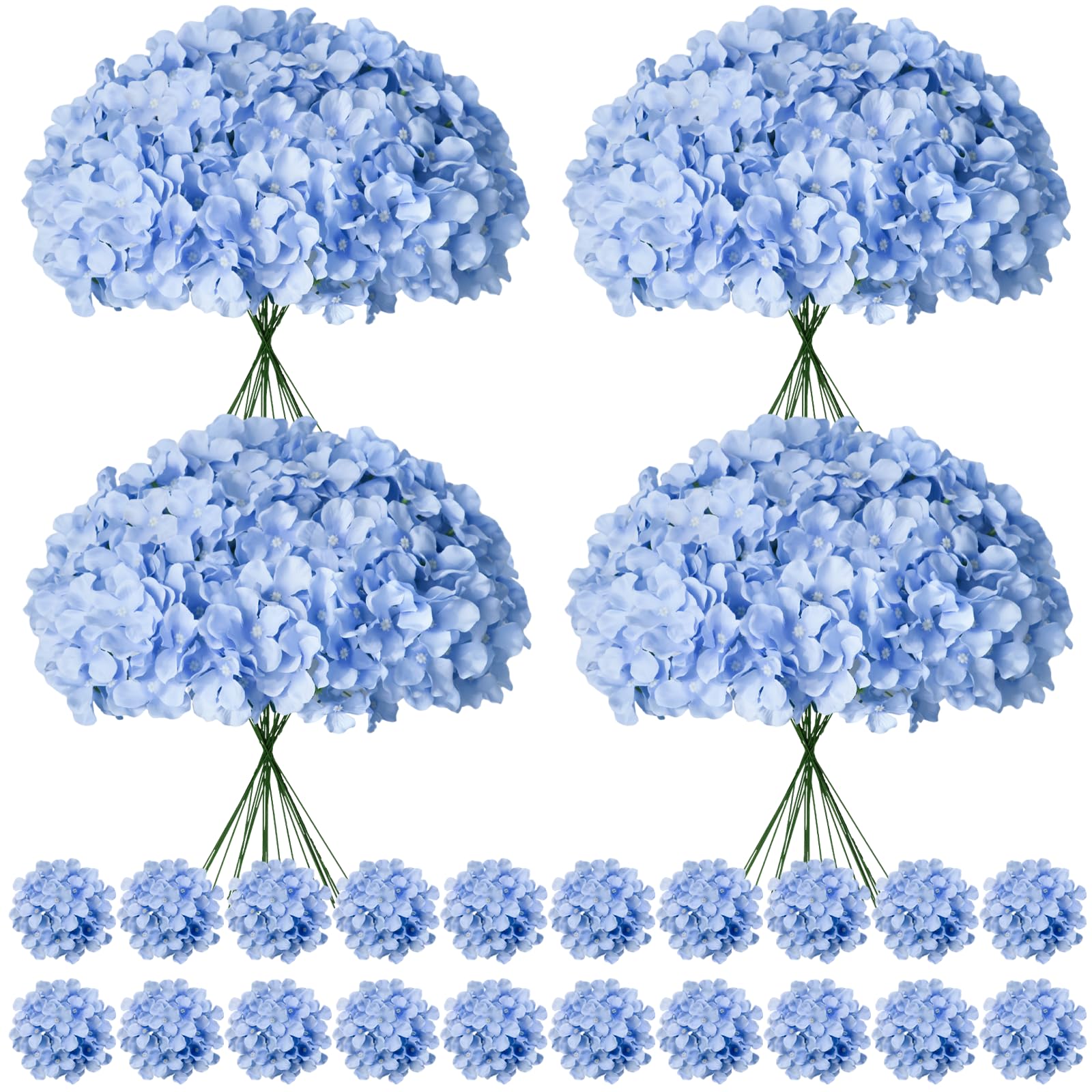 Cherica blue hydrangea flowers heads and stems for elegant wedding centerpieces.