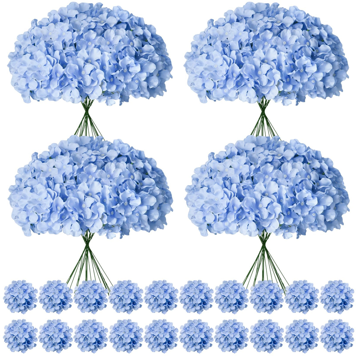 Cherica blue hydrangea flowers heads and stems for elegant wedding centerpieces.