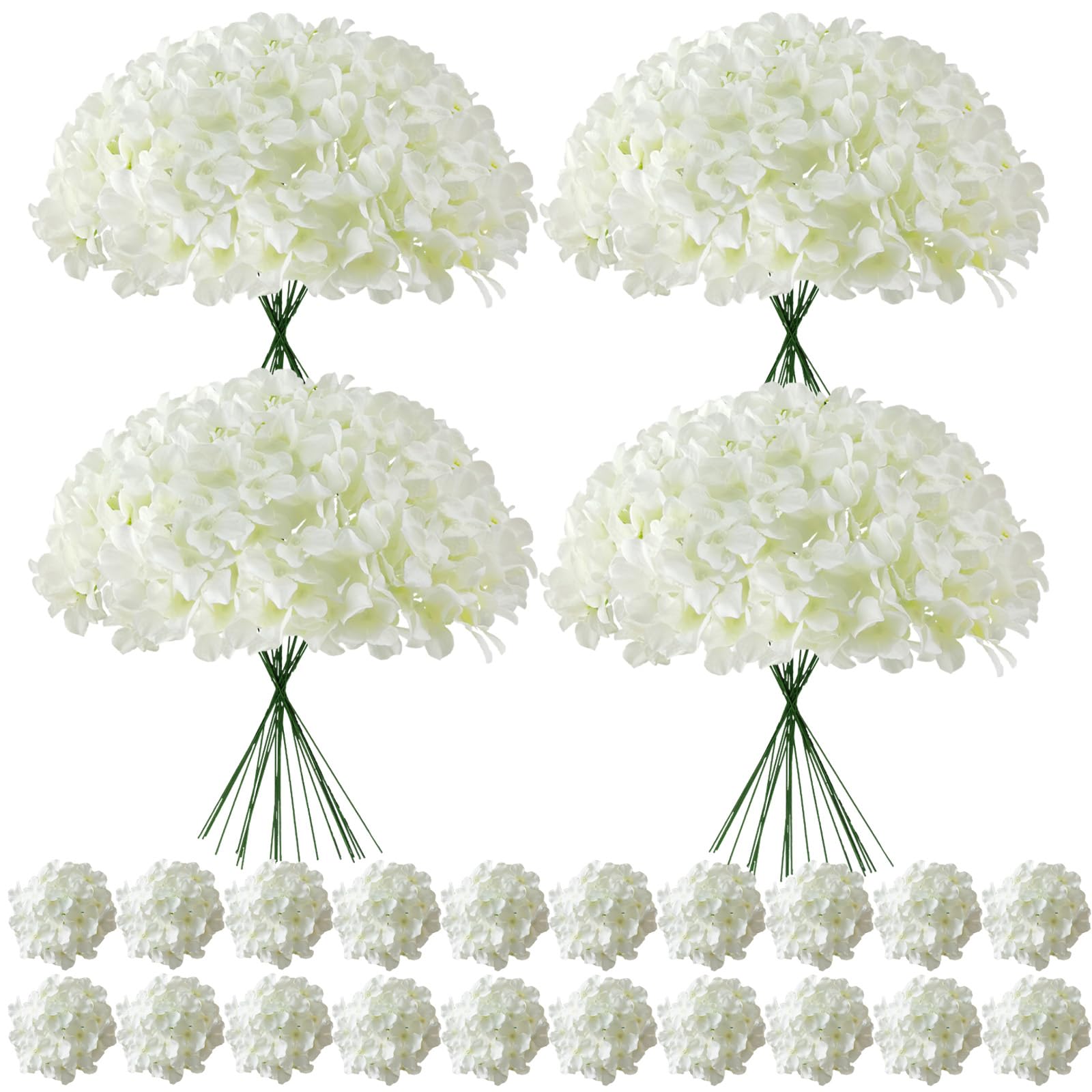 Cherica faux white hydrangea heads with stems for elegant wedding centerpieces.