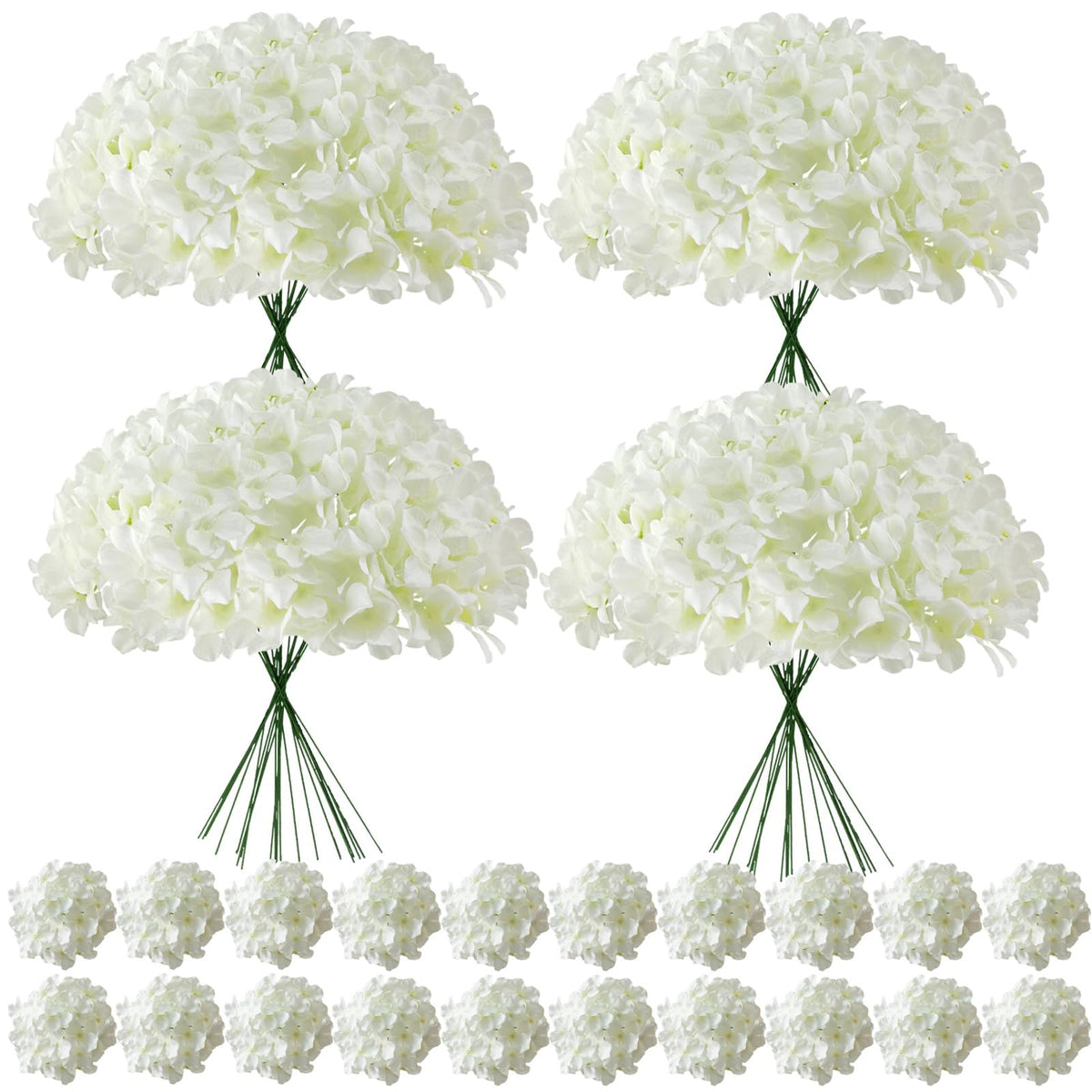 Cherica faux white hydrangea heads with stems for elegant wedding centerpieces.