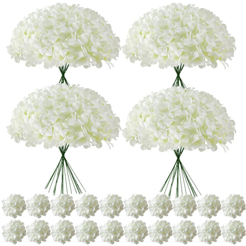 Cherica faux white hydrangea heads with stems for elegant wedding centerpieces.
