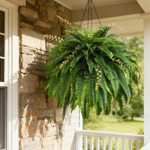 Cherica faux-fern on patio enhances outdoor ambiance with low maintenance.