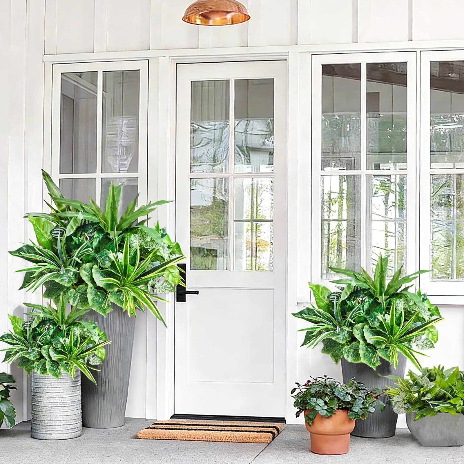Cherica greenery planters filled with realistic shrubs for patio and garden.