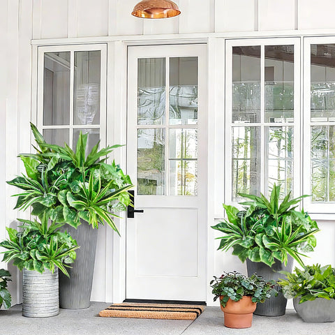 Cherica greenery planters filled with realistic shrubs for patio and garden.